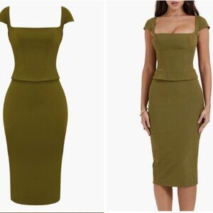 HOUSE OF CB Layana Olive Cap Sleeve Corset Sheath Dress